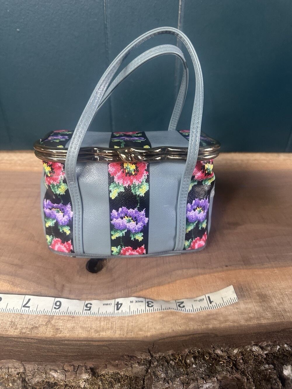 FEILER Germany Floral Striped Textile Handbag with Frame Top Rare Vintage